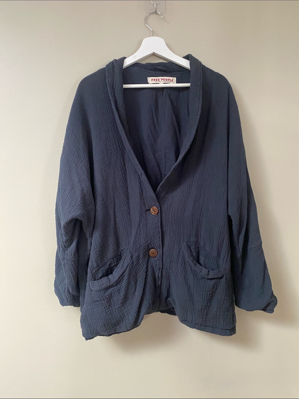 Free People Cotton Gauze Slouchy Dark Navy Shawl Collar Button Jacket size S